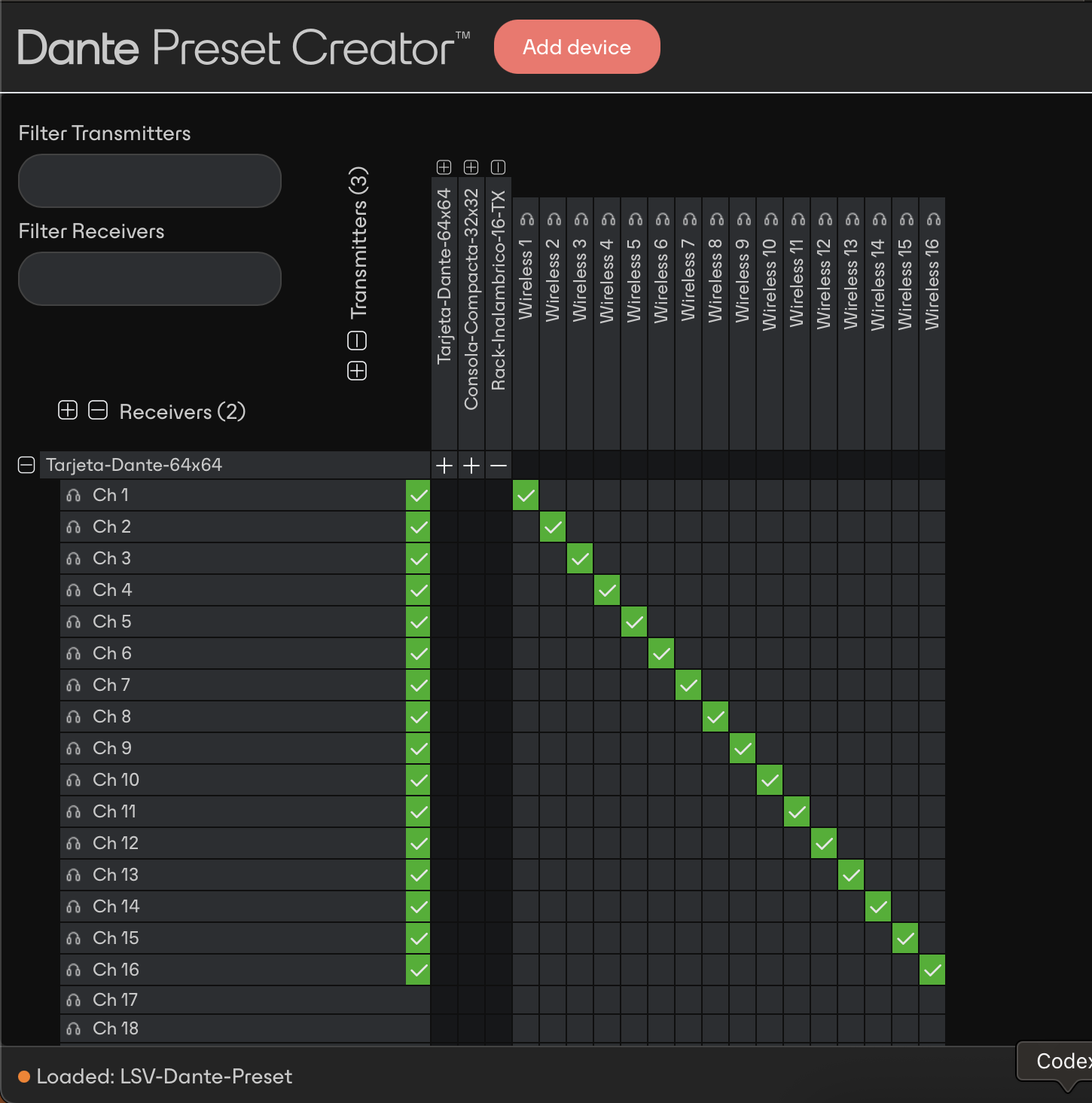 Captura de una herramienta para crear presets Dante con equipos preconfigurados