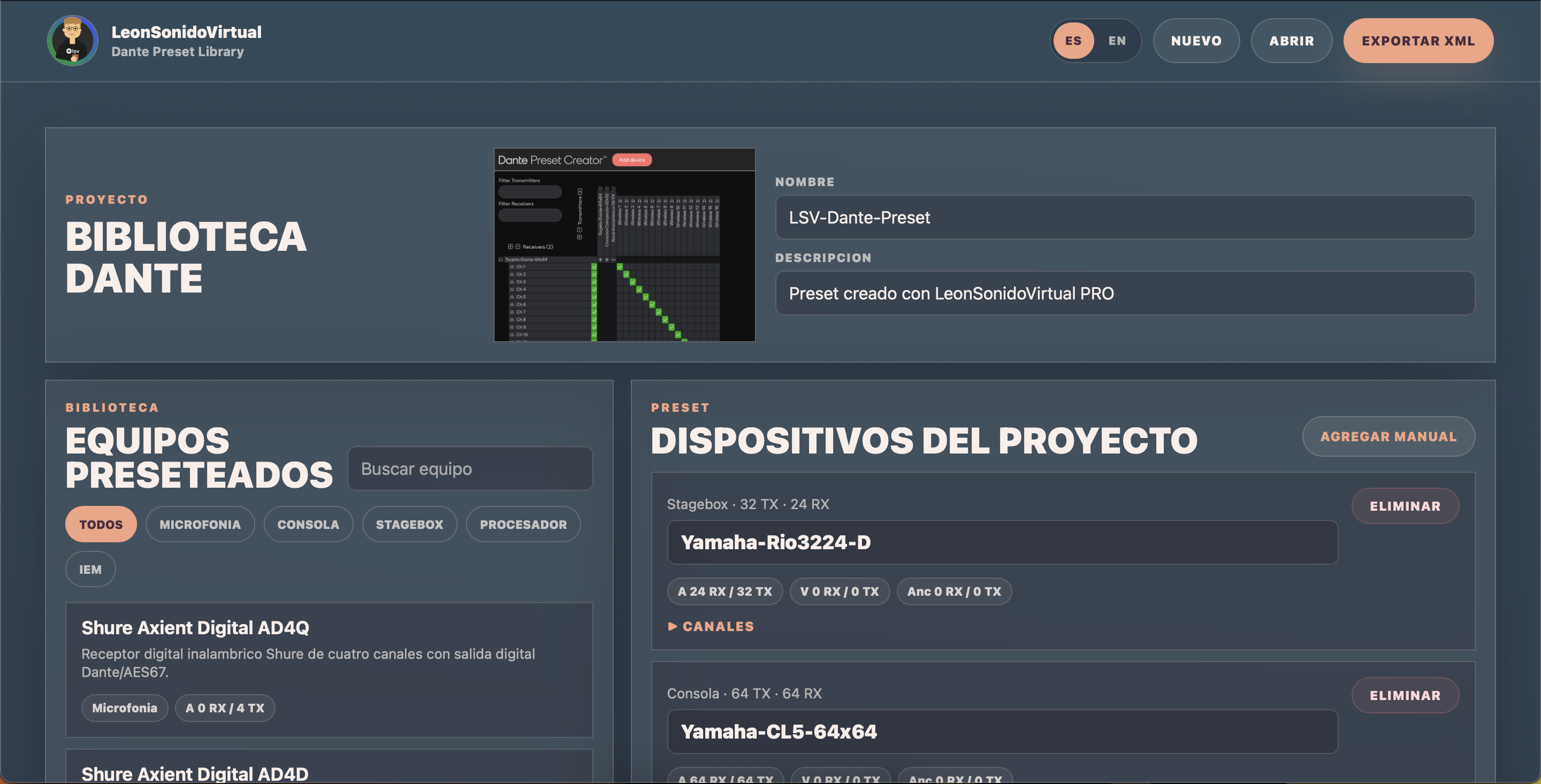 Dante Preset Library para presets XML Dante