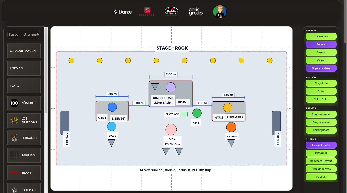Ejemplo de stage plot para shows en vivo con layout técnico completo