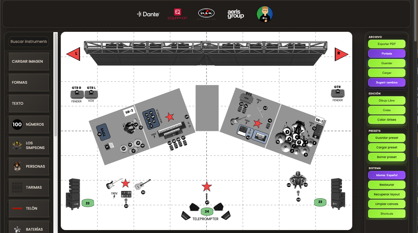 Rider técnico profesional con escenario organizado para banda en vivo