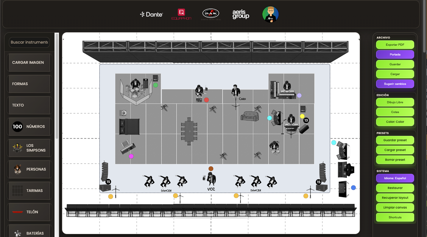 Stage plot online para show en vivo con distribución profesional de escenario