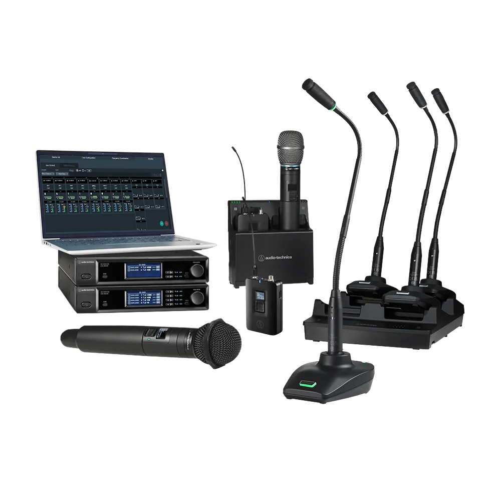 Sistema Audio-Technica D50 con receptores, transmisores de mano y petaca, bases de mesa y cargadores