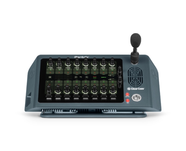 Panel de intercomunicación Clear-Com Mentrix Flex con micrófono, pantalla y controles giratorios